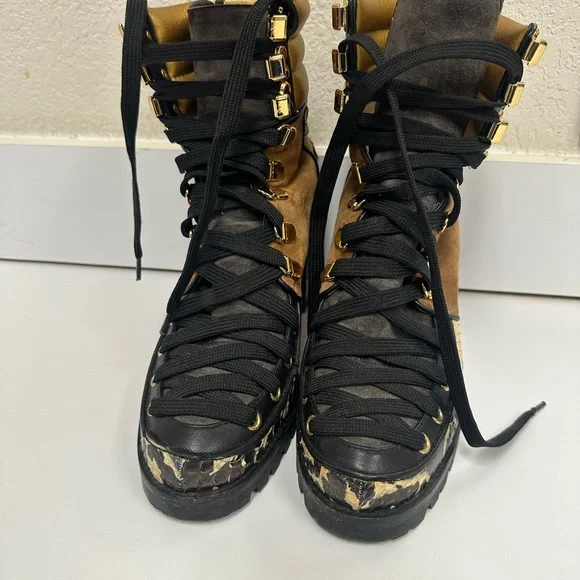 Christian Louboutin Authentic Suede Leopard Print Lace-Up Boots - Picture 2 of 5